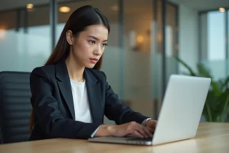 Jeune femme en blazer regarde un mockup sur son ordinateur