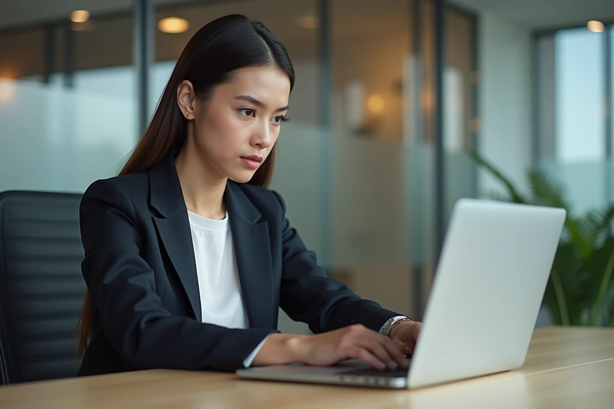Jeune femme en blazer regarde un mockup sur son ordinateur