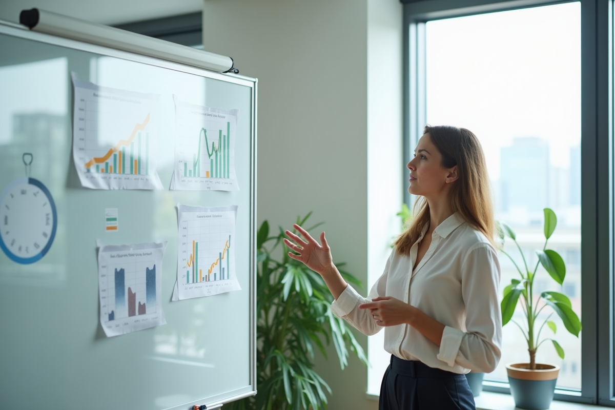 Jeune femme expliquant des graphiques dans une salle de réunion