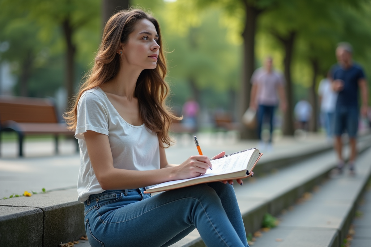 Jeune femme assise dehors en réflexion avec un carnet