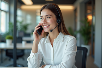 Jeune femme professionnelle avec casque en conversation