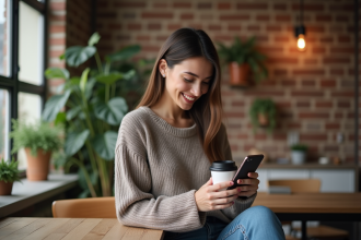 Jeune femme souriante avec tasse réutilisable dans un bureau cosy