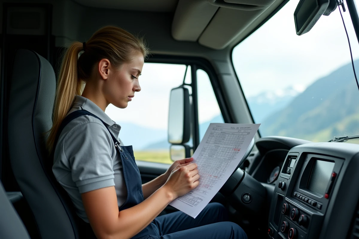 Jeune conductrice v&eacute;rifiant une grille de salaire dans sa cabine