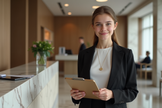 Jeune fille polie au bureau de luxe avec blazer noir