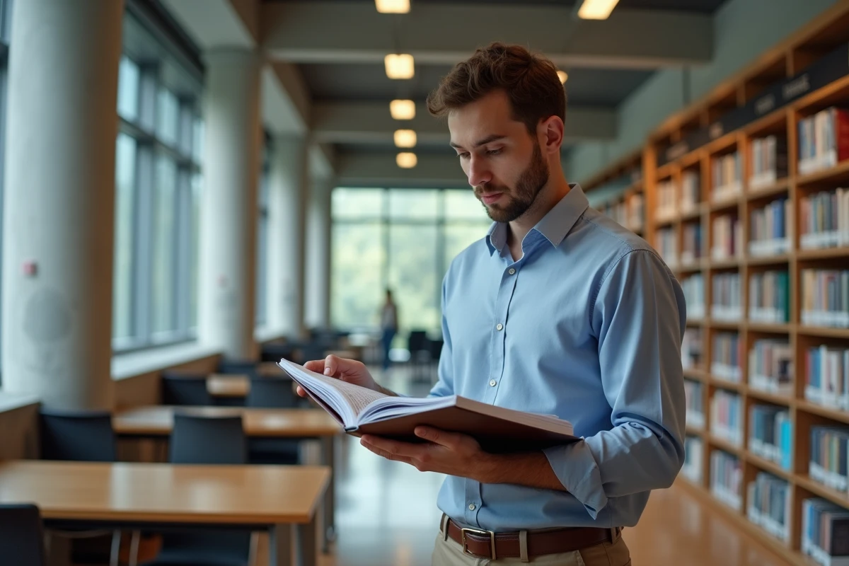 Jeune homme feuilletant un classeur de normes dans une bibliothèque