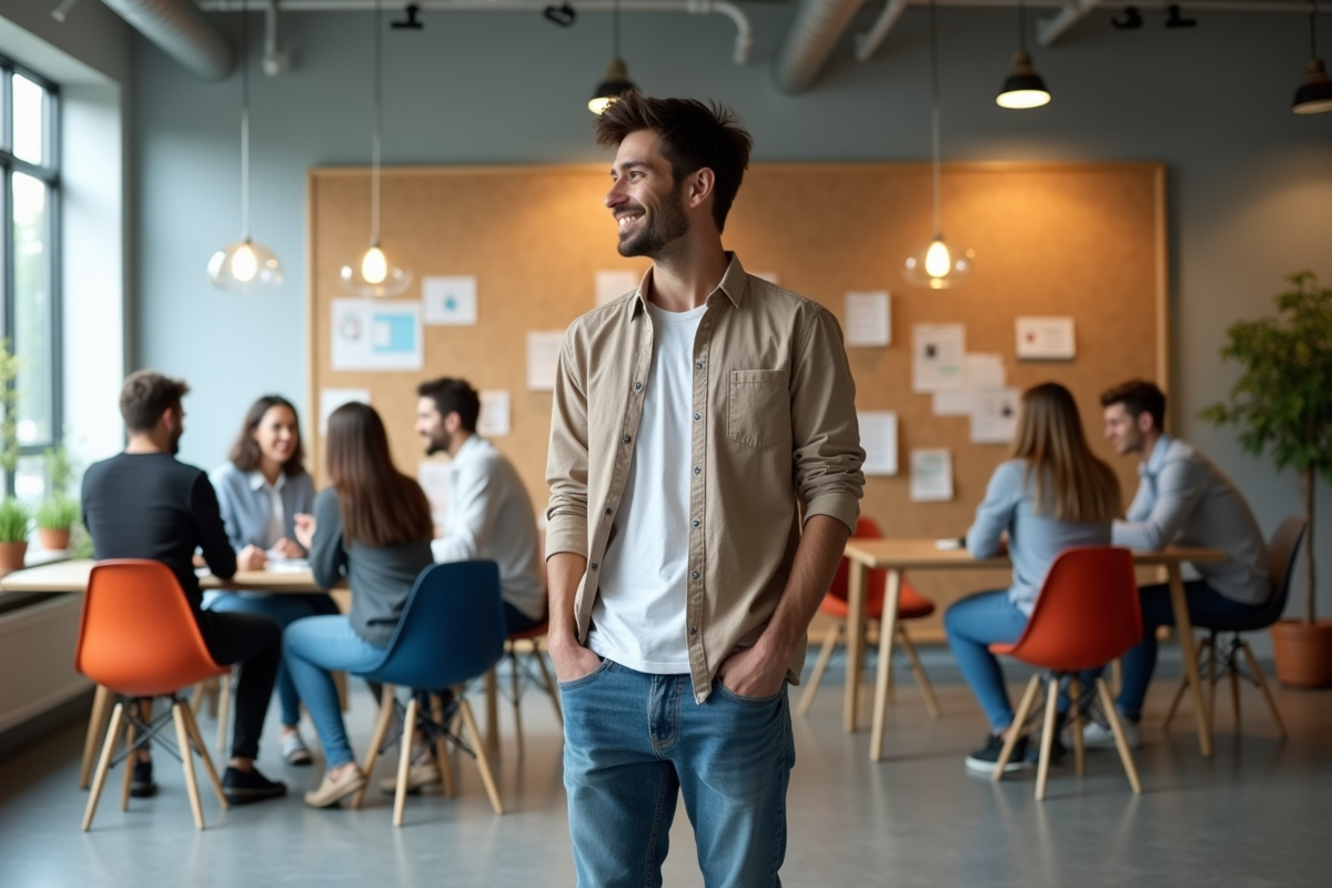 Jeune homme discutant avec collègues dans un espace de travail