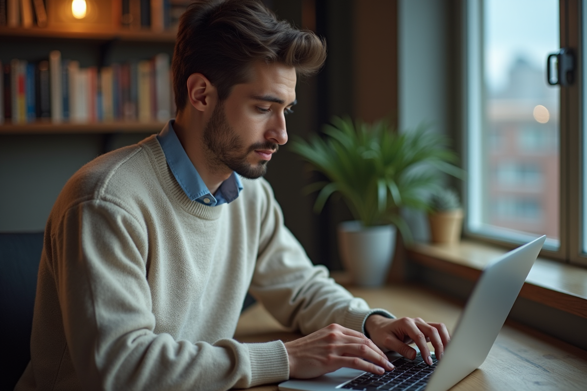 Jeune homme entrant un mot de passe sur son ordinateur