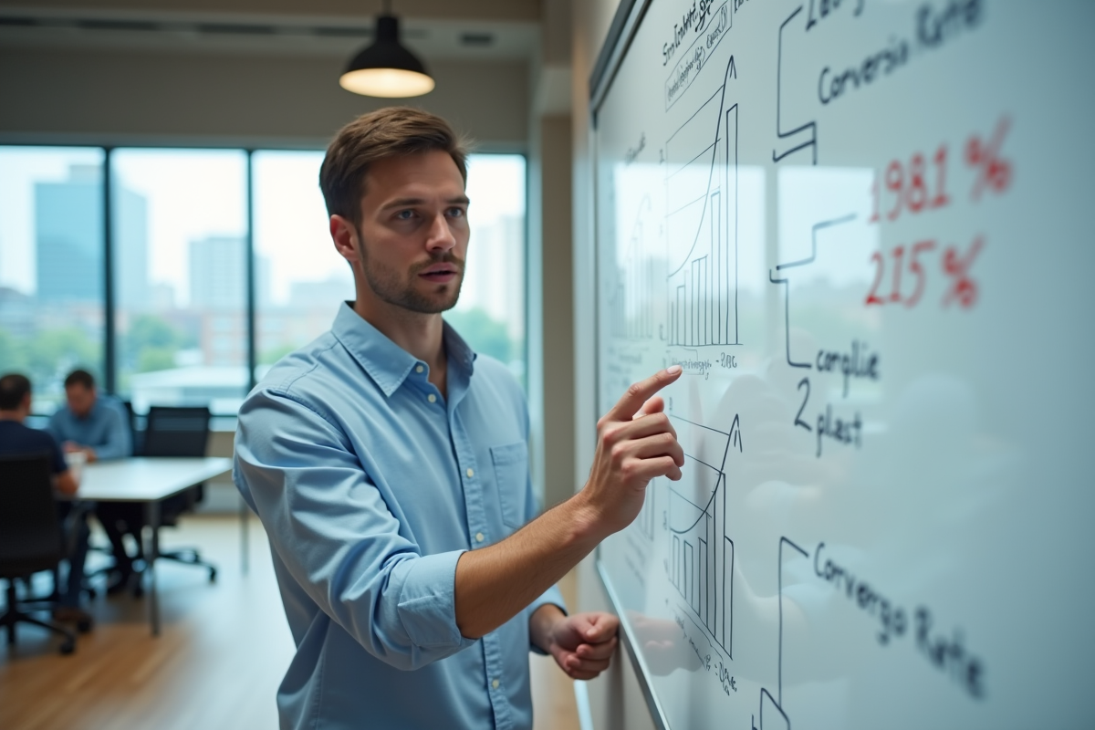 Jeune homme expliquant des graphiques devant un tableau blanc