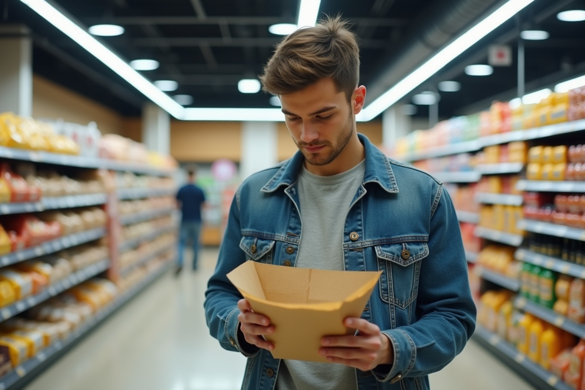 Jeune homme examinant un emballage alimentaire en supermarche