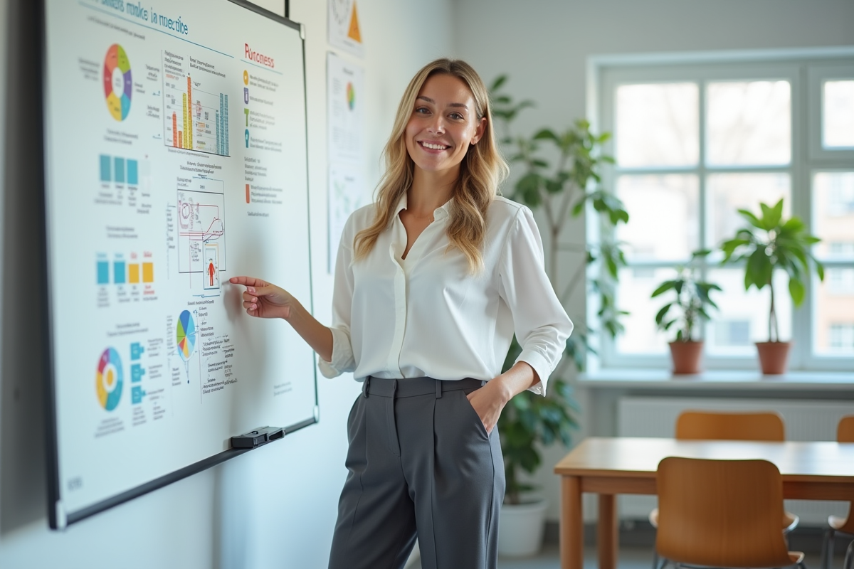 Jeune femme manager présentant un diagramme dans une salle de formation