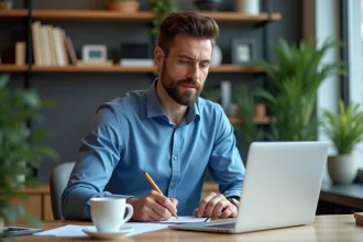 Jeune homme professionnel au bureau avec ordinateur portable