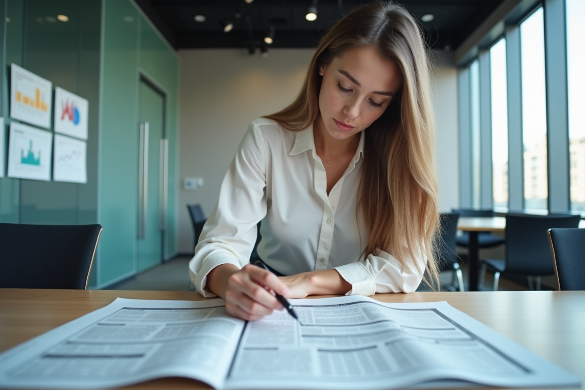 Jeune redactrice en blouse marquant une presse