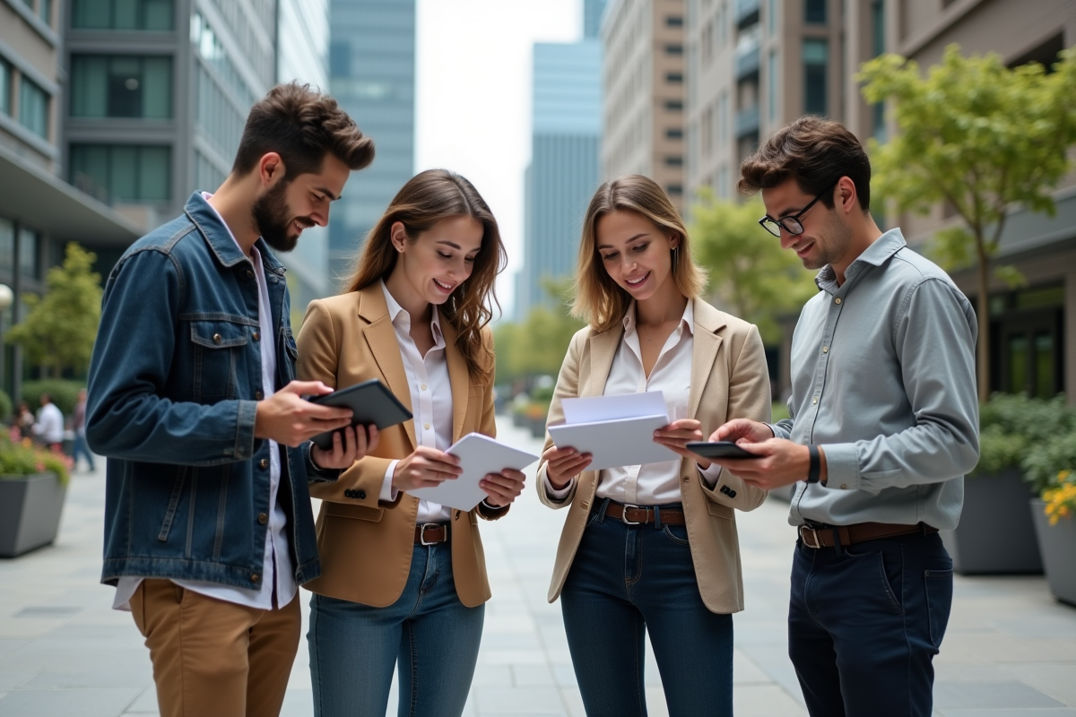 Groupe de jeunes professionnels en discussion en plein air
