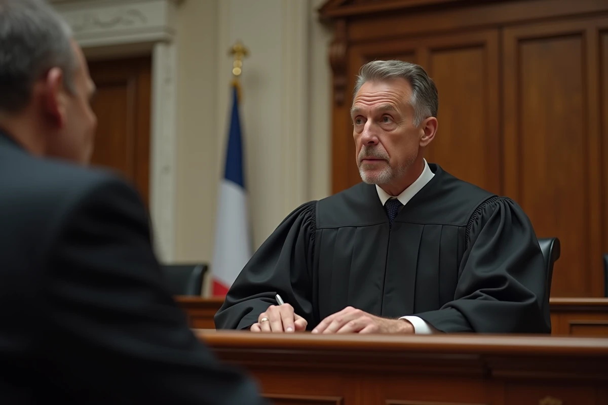 Un juge prud'homal en robe noire préside une audience au conseil de prud'hommes dans une salle d'audience institutionnelle française