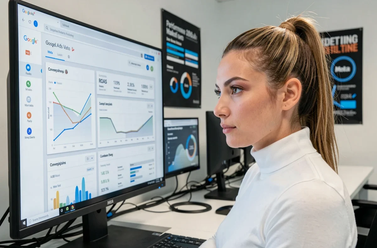 Spécialiste en acquisition digitale féminine analysant des tableaux de bord Google Ads et Meta Ads dans un espace de travail performance minimaliste