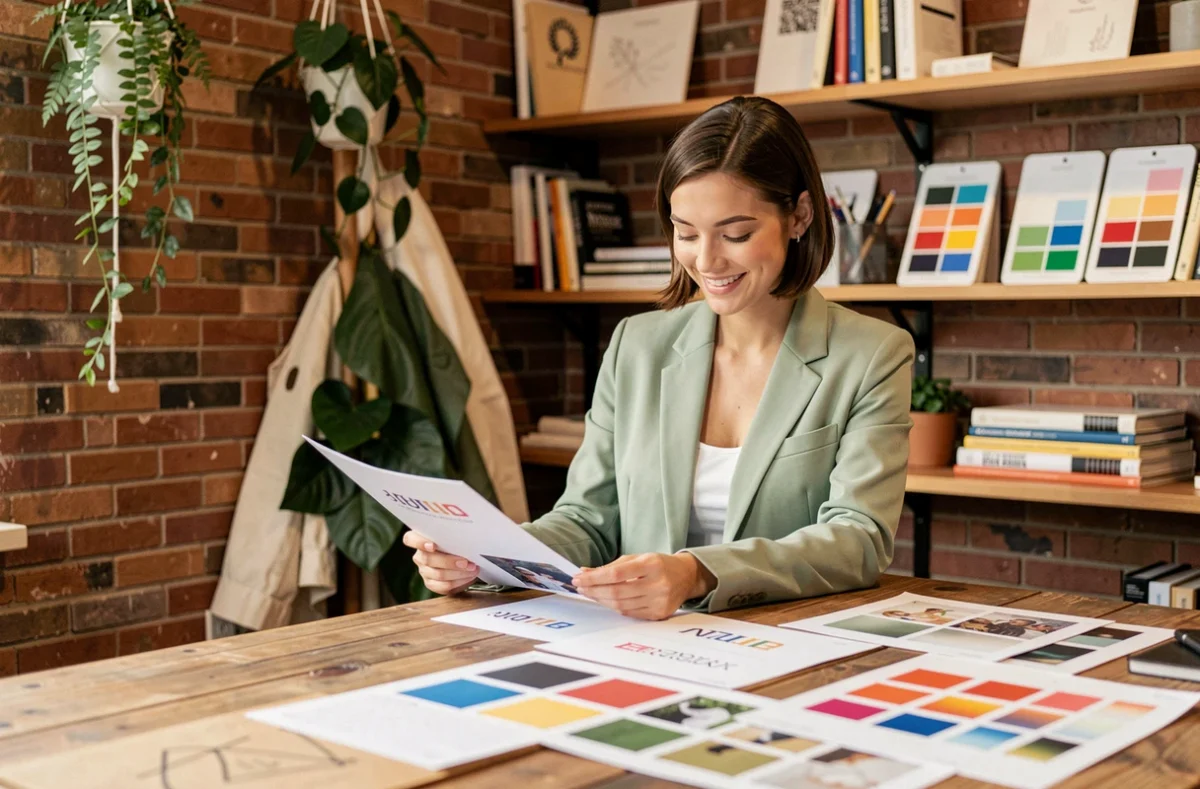 Créatrice de l'agence Laëka examinant une charte graphique dans un studio chaleureux