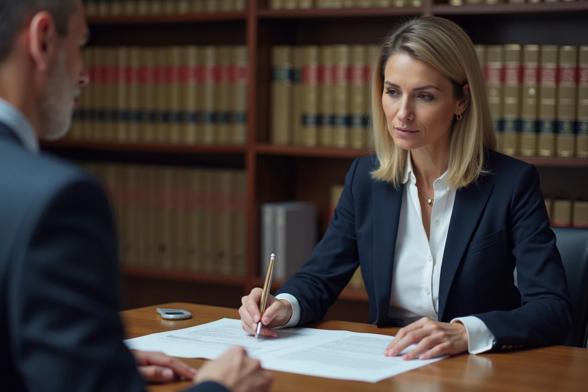 Une femme et son avocat examinent des documents juridiques relatifs à un licenciement pour faute grave avant une audience aux prud'hommes