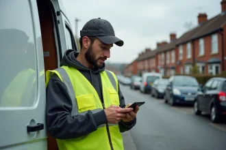 Livreur Amazon indépendant debout près de son van blanc consulte son application de livraison sur smartphone dans une rue résidentielle