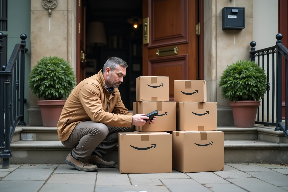 Livreur indépendant organise des colis Amazon devant l'entrée d'un immeuble résidentiel en ville