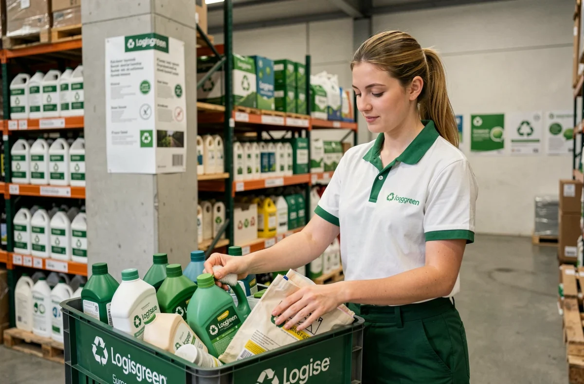 Professionnelle Logisgreen triant des produits de nettoyage écologiques et biodégradables dans un entrepôt logistique à Toulouse