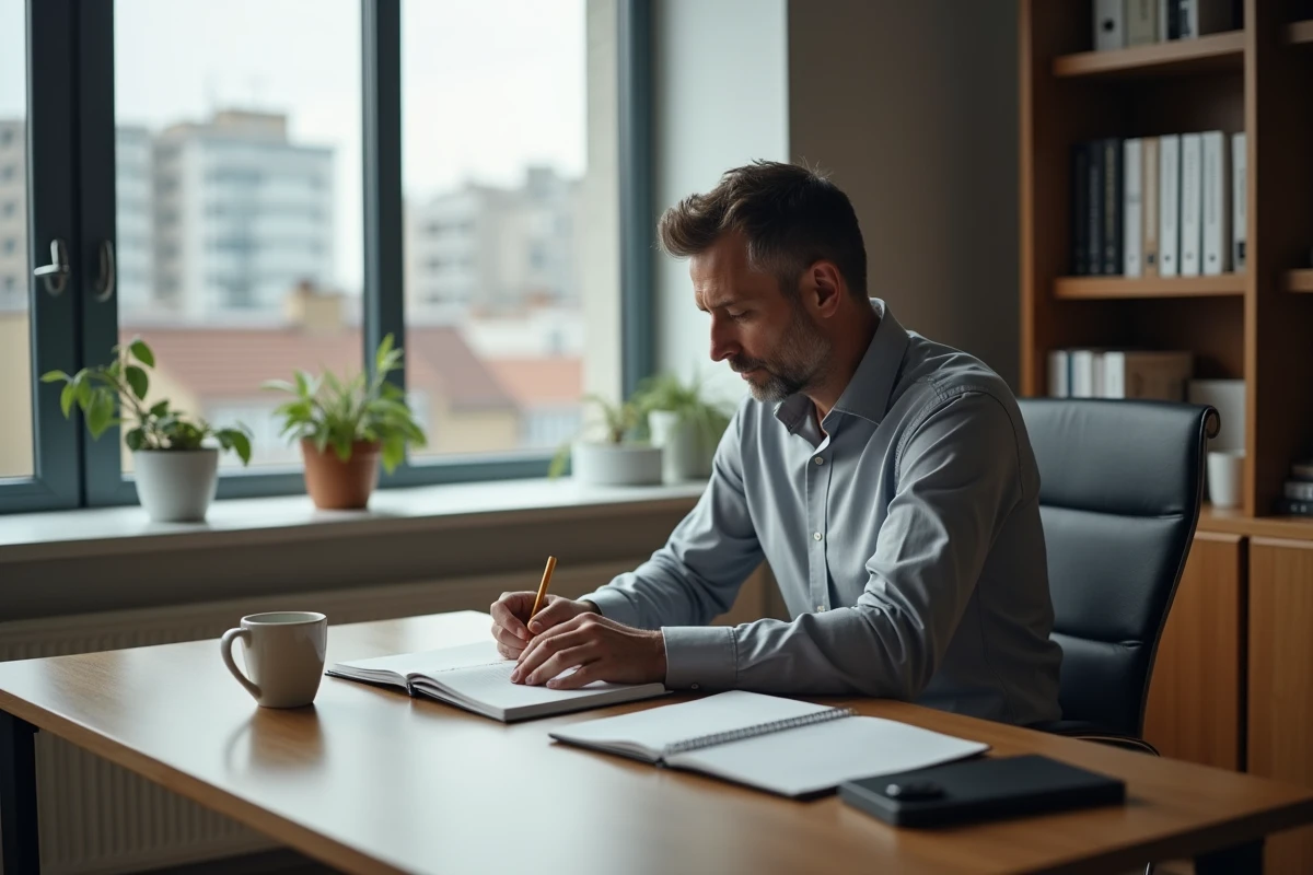 Manager dans un bureau privé prenant des notes dans un carnet lors d'une session de réflexion personnelle sur le leadership