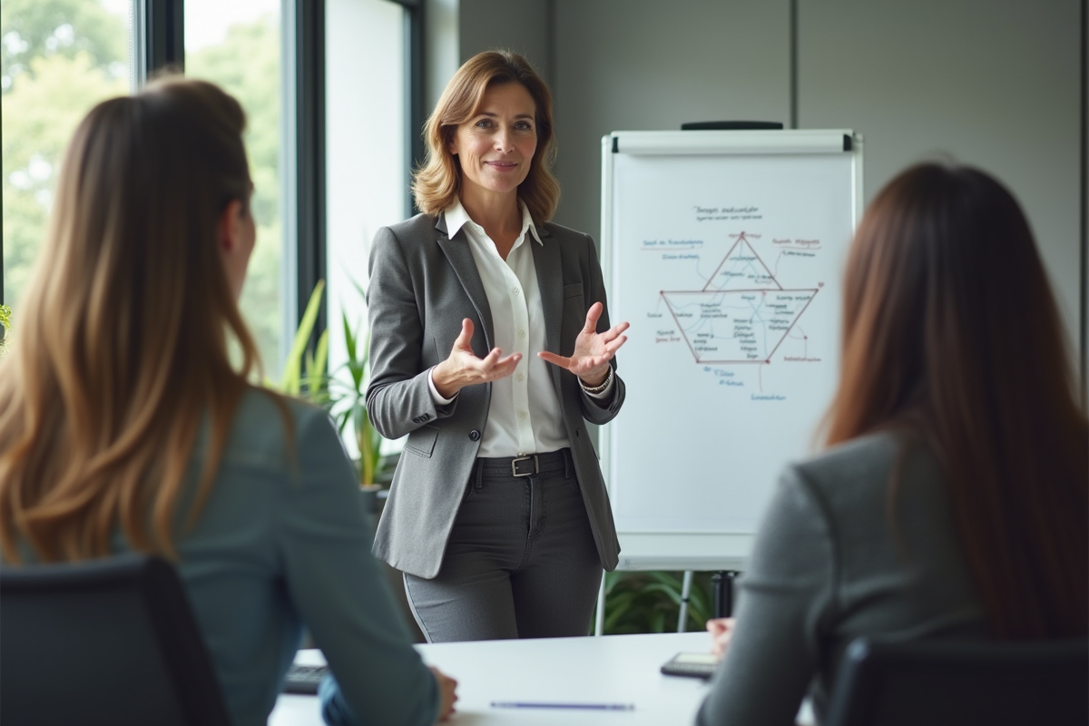 Manager femme expliquant un diagramme triangle à son équipe