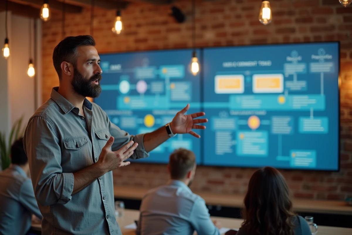 Manager présentant des diagrammes de flux de travail sur écran mural dans un espace de coworking, symbolisant la transformation des pratiques professionnelles