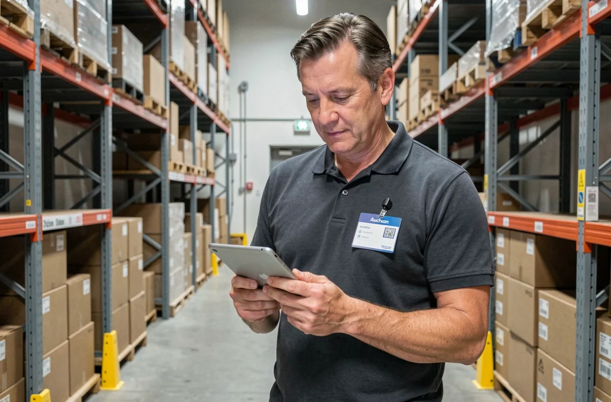 Manager de rayon Auchan utilisant l'application hr4you sur tablette dans un entrepôt