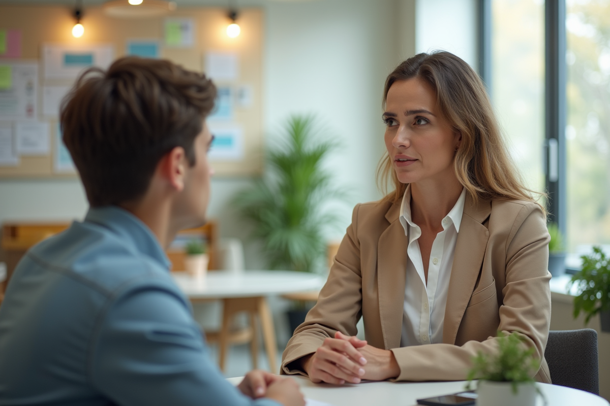 Manager RH parlant avec un jeune salarié dans une salle de pause