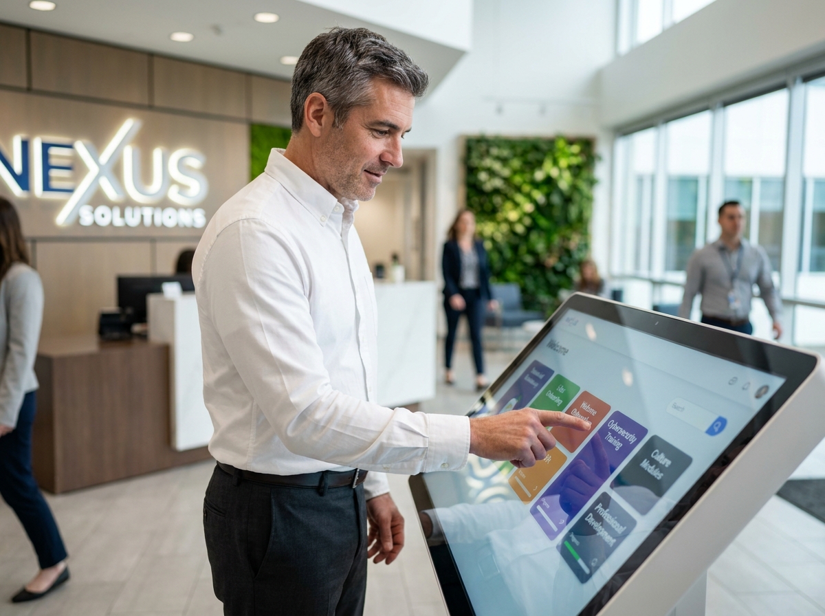 Manager RH consultant une plateforme de gestion des certifications de formation sur une borne tactile dans un hall d'entreprise