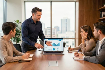Manager de terrain présentant des résultats d'équipe lors d'une réunion professionnelle dans un bureau moderne