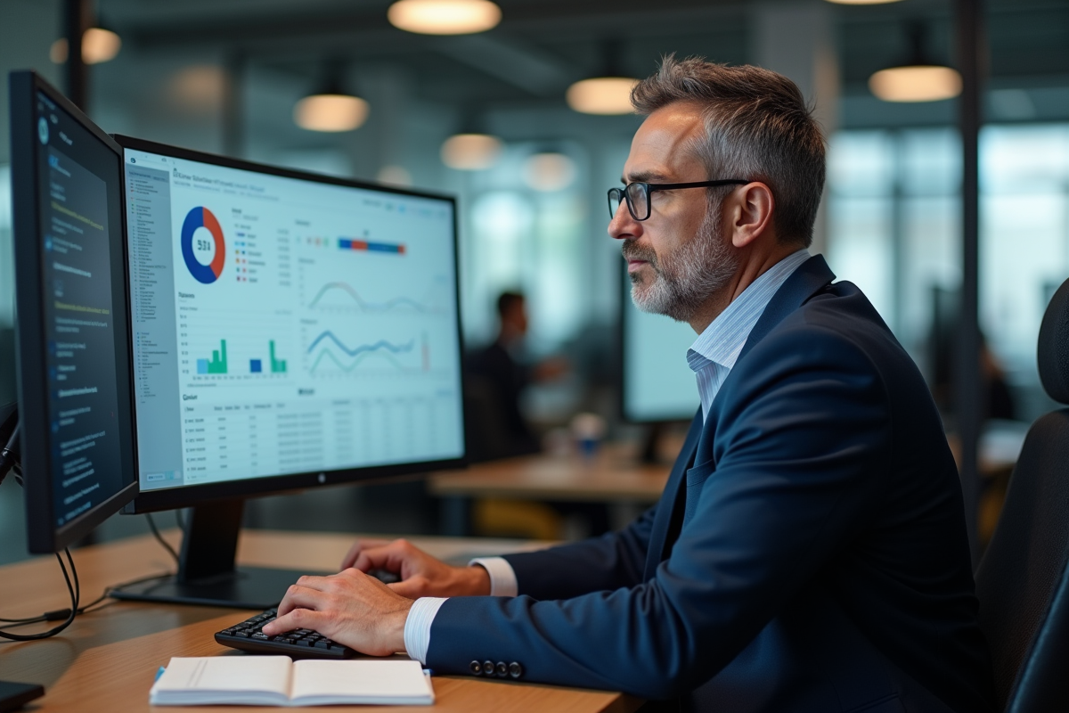 Manager IT travaillant seul sur son ordinateur avec interface ERP