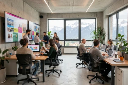 Vue d'ensemble d'une agence de communication moderne en Isère avec une équipe créative au travail