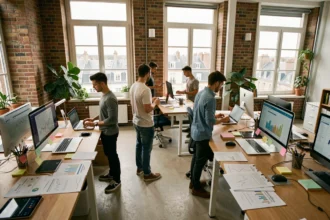 Vue d'ensemble d'une agence de marketing digital en Normandie avec des professionnels travaillant sur des ordinateurs portables dans un espace de travail moderne