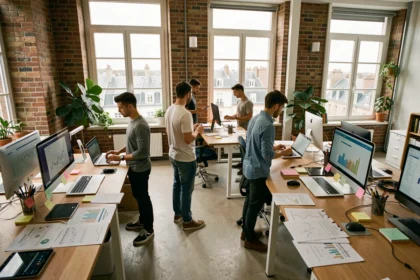 Vue d'ensemble d'une agence de marketing digital en Normandie avec des professionnels travaillant sur des ordinateurs portables dans un espace de travail moderne