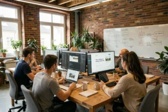 Vue d'ensemble d'une agence web moderne dans les Vosges avec des professionnels travaillant sur des projets de création de sites internet