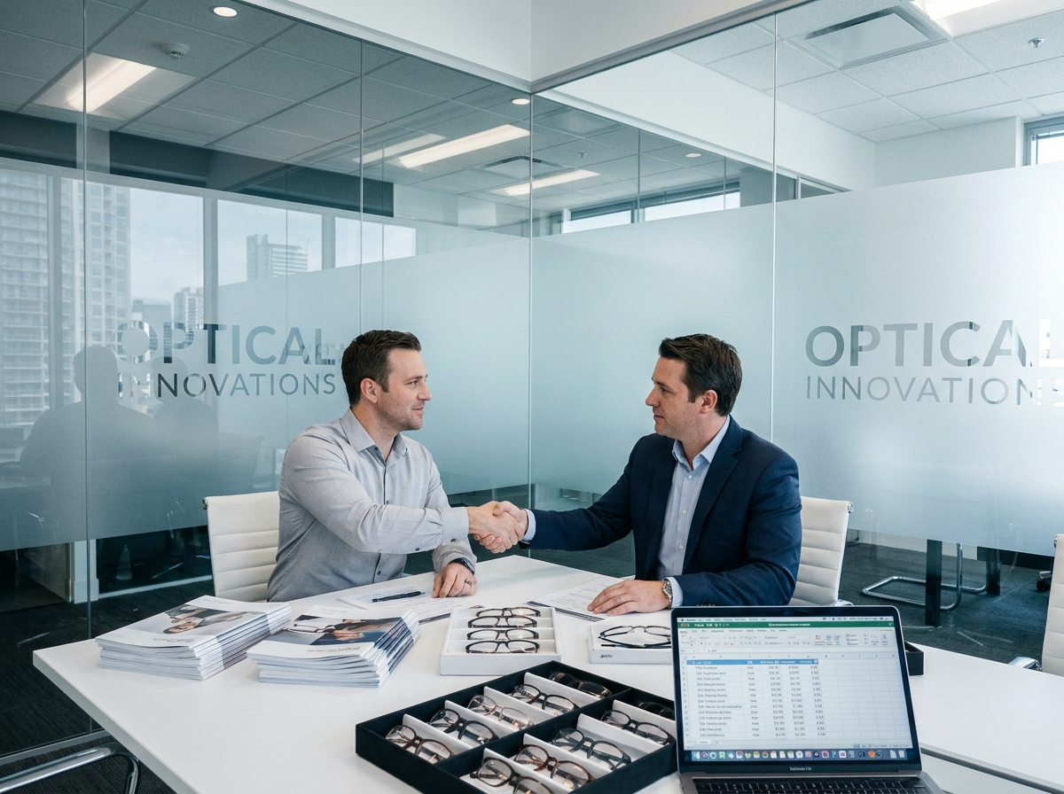 Opticien en réunion de négociation commerciale avec un fournisseur de montures optiques