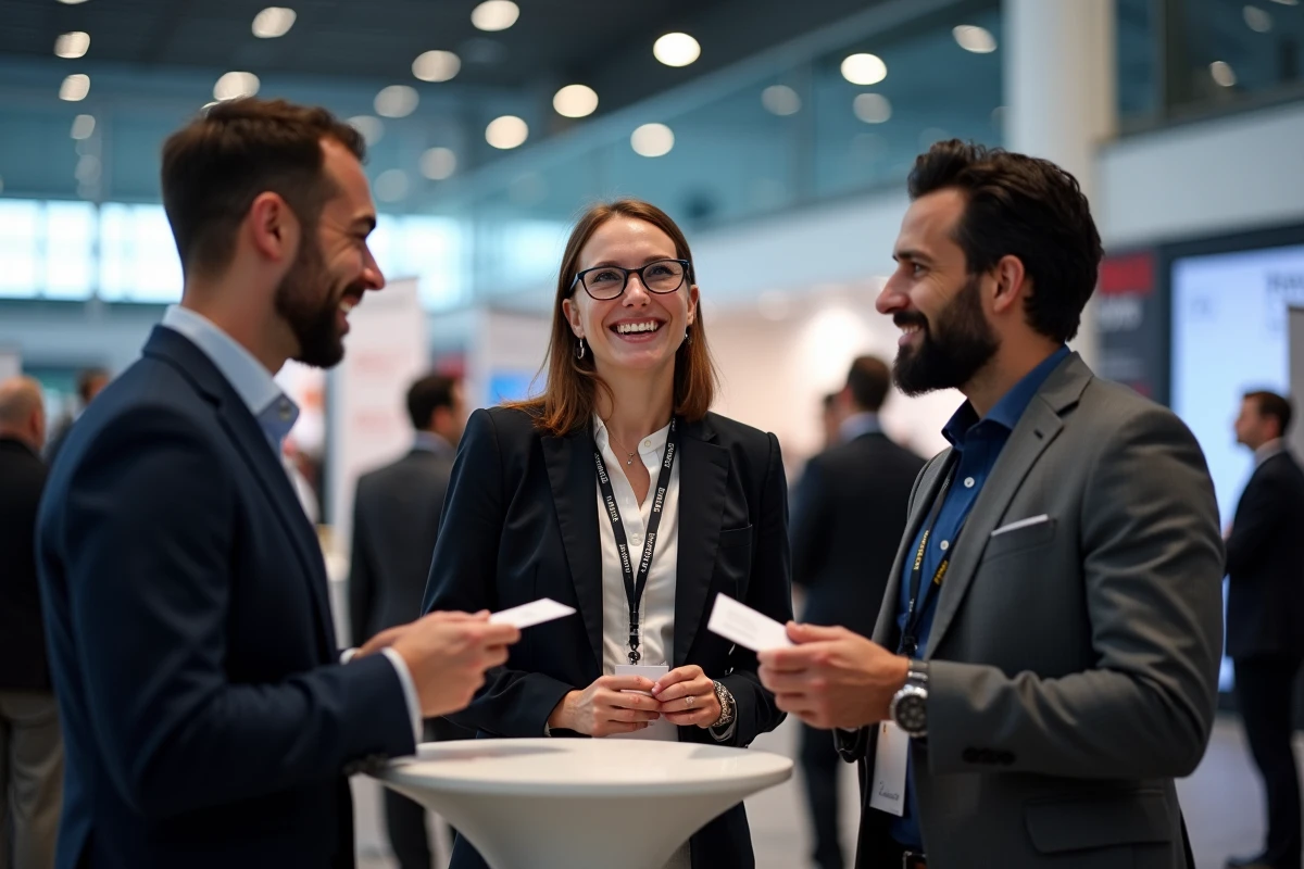 Groupe de professionnels qui échangent des cartes de visite lors d'un événement networking lesentreprisesfrenchy 2026 dans un salon professionnel