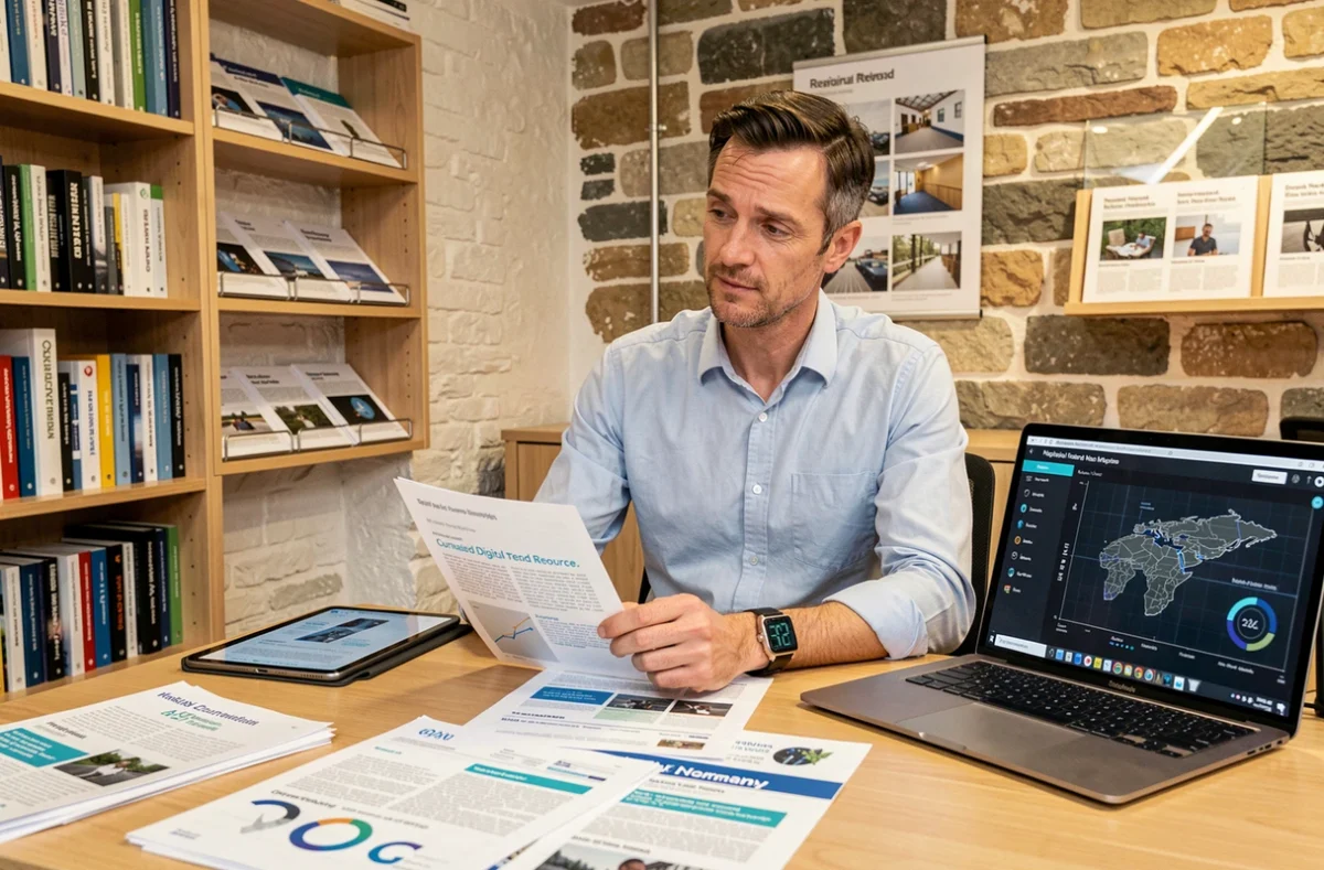 Analyste en veille digitale examinant des rapports et ressources marketing normands sur tablette et ordinateur dans un centre régional à l'architecture normande