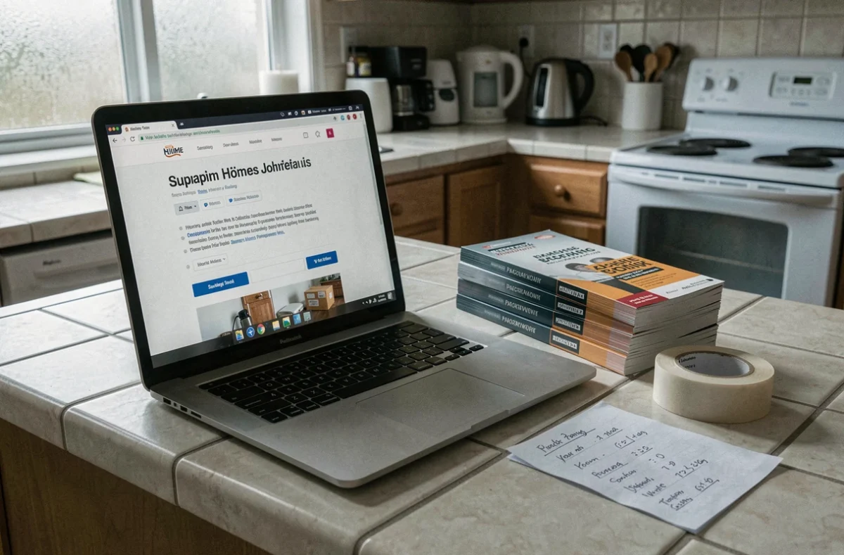 Ordinateur portable affichant une offre de travail à domicile pour emballage avec des produits et calculs posés sur un comptoir
