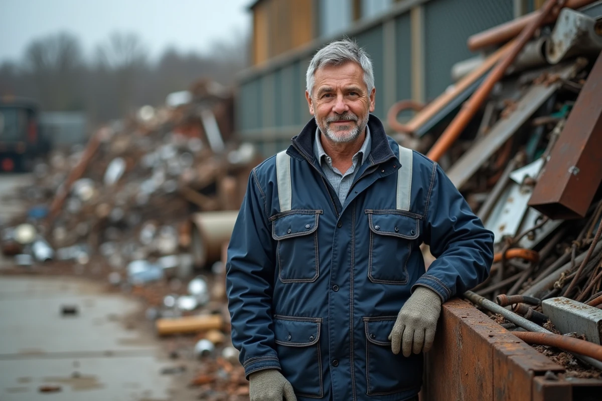 Ouvrier dans un dépôt de ferraille Derichebourg triant des métaux recyclables en 2026