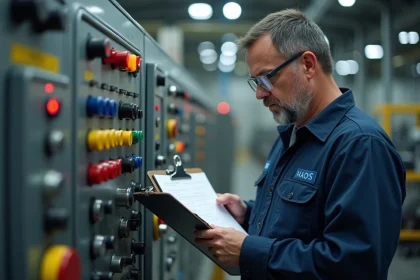 Ouvrier d'usine en 5x8 consultant son planning de rotation de postes devant un tableau de contrôle industriel