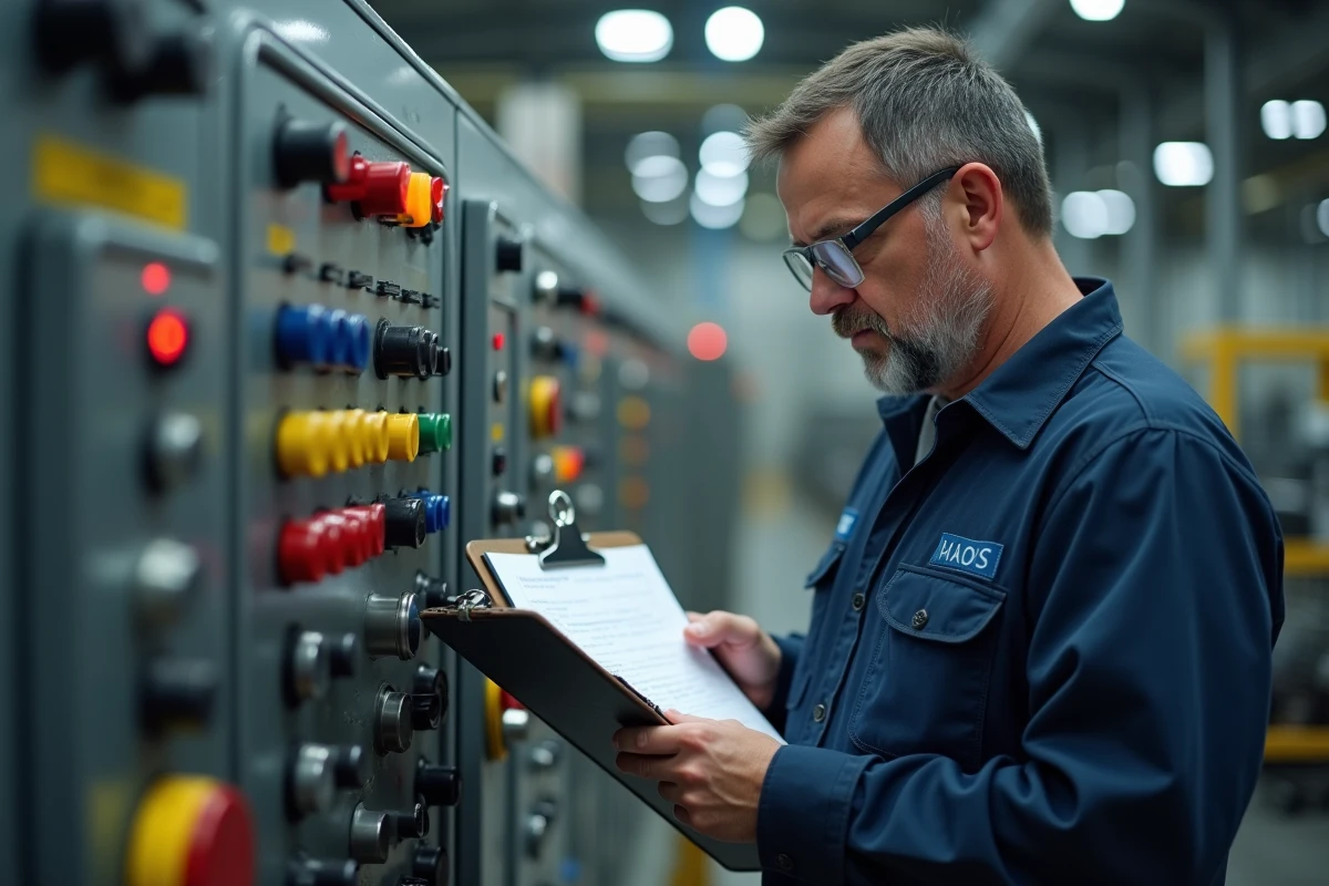 Ouvrier d'usine en 5x8 consultant son planning de rotation de postes devant un tableau de contrôle industriel