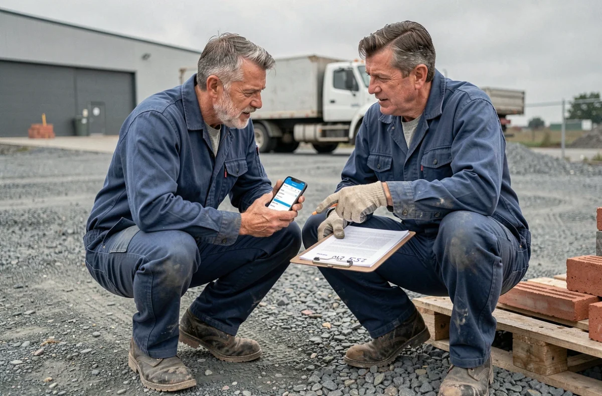 Deux ouvriers BTP consultant une application de gestion des matériaux sur smartphone lors d'une réception de livraison sur chantier, avec bon de livraison et palette de briques