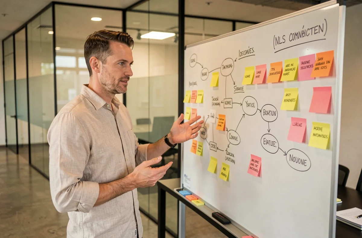 Stratège créatif de l'agence Perceptiom présentant une stratégie de communication sur un tableau blanc