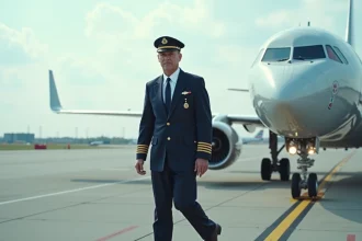 Pilote en uniforme marchant près d'un avion moderne