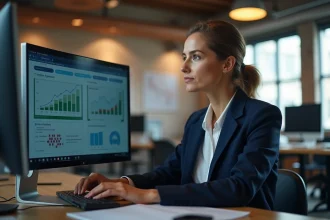 Cheffe de PME analysant des données numériques sur un écran d'ordinateur dans un bureau moderne pour la digitalisation de son entreprise