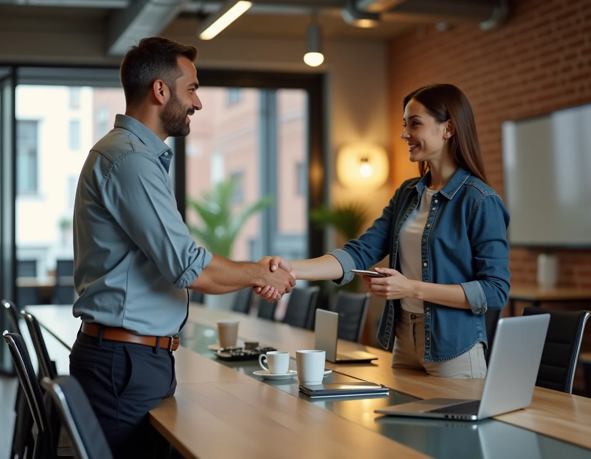 Entrepreneur et représentante commerciale se serrant la main lors d'un partenariat Smartbox en espace de coworking