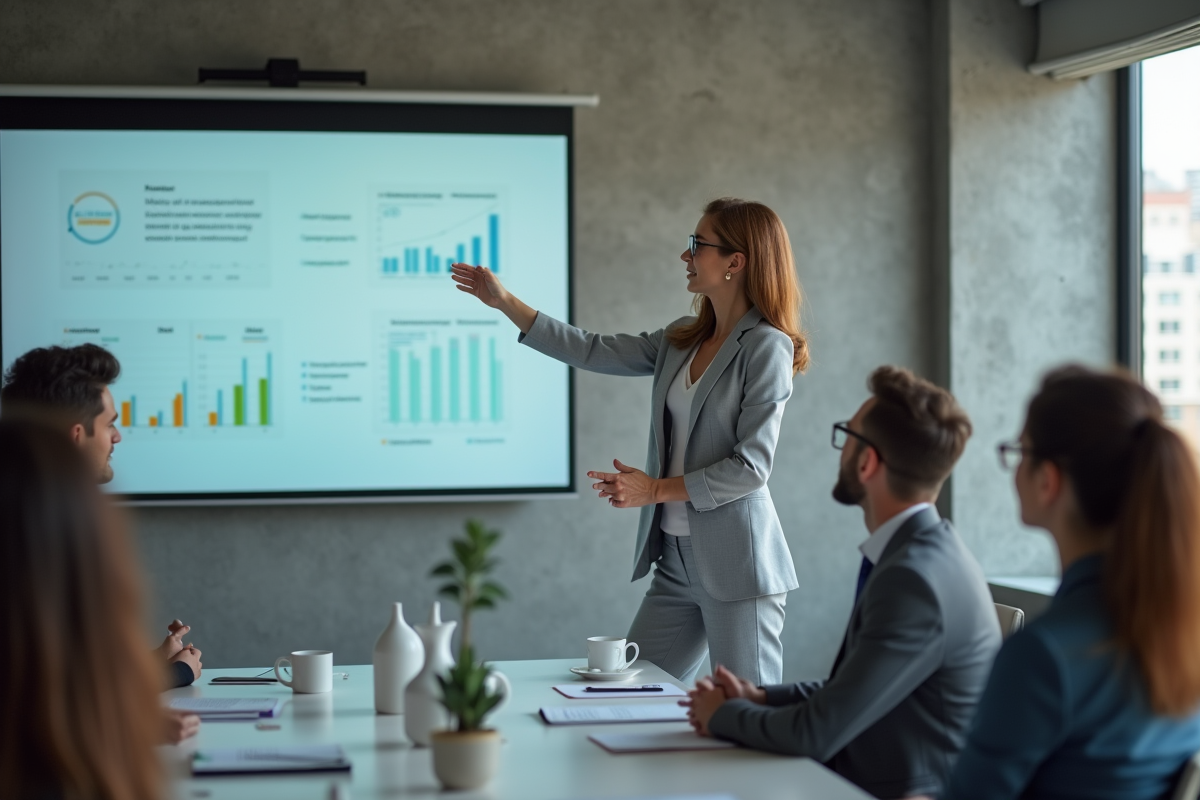 Femme en blazer présentant une stratégie en salle de réunion