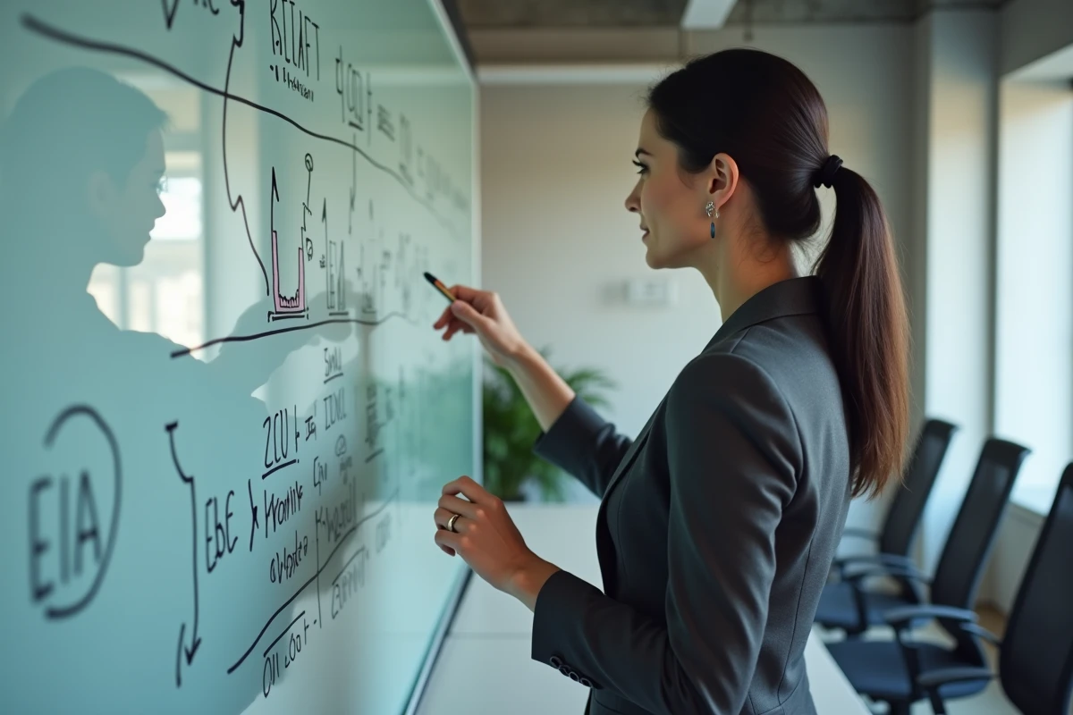 Une professionnelle présentant une stratégie d'investissement EI&A sur un tableau blanc dans une salle de conférence moderne